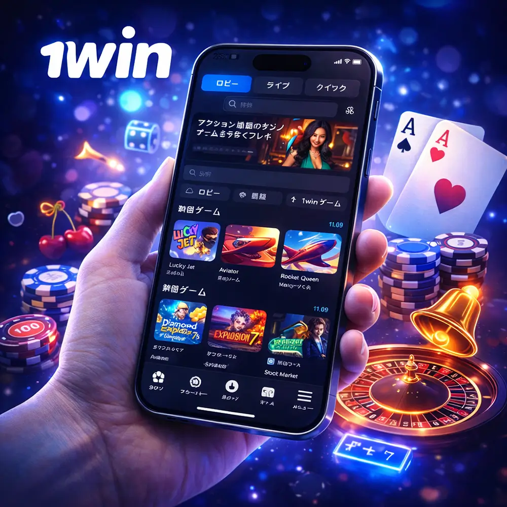 1win mobile casino app interface with games, slots and live casino available on smartphone
