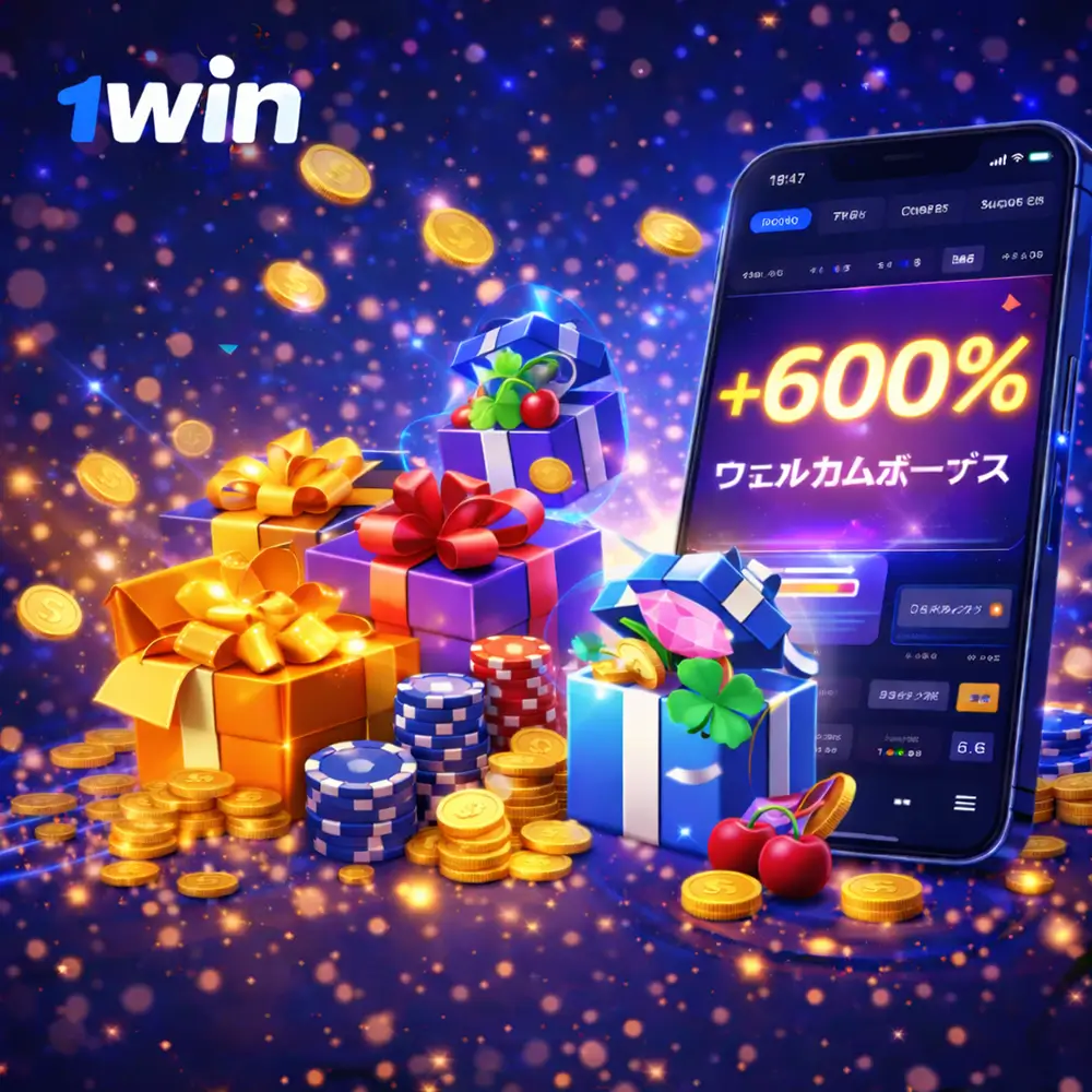 1win welcome bonus promotion with 600 percent bonus on first deposit displayed on mobile app